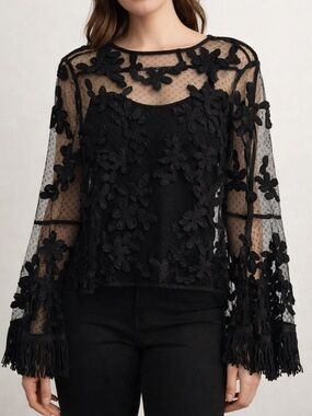 Anthropologie Endless Rose Mesh Floral Appliqué Lace Fringe Cuff Top Medium